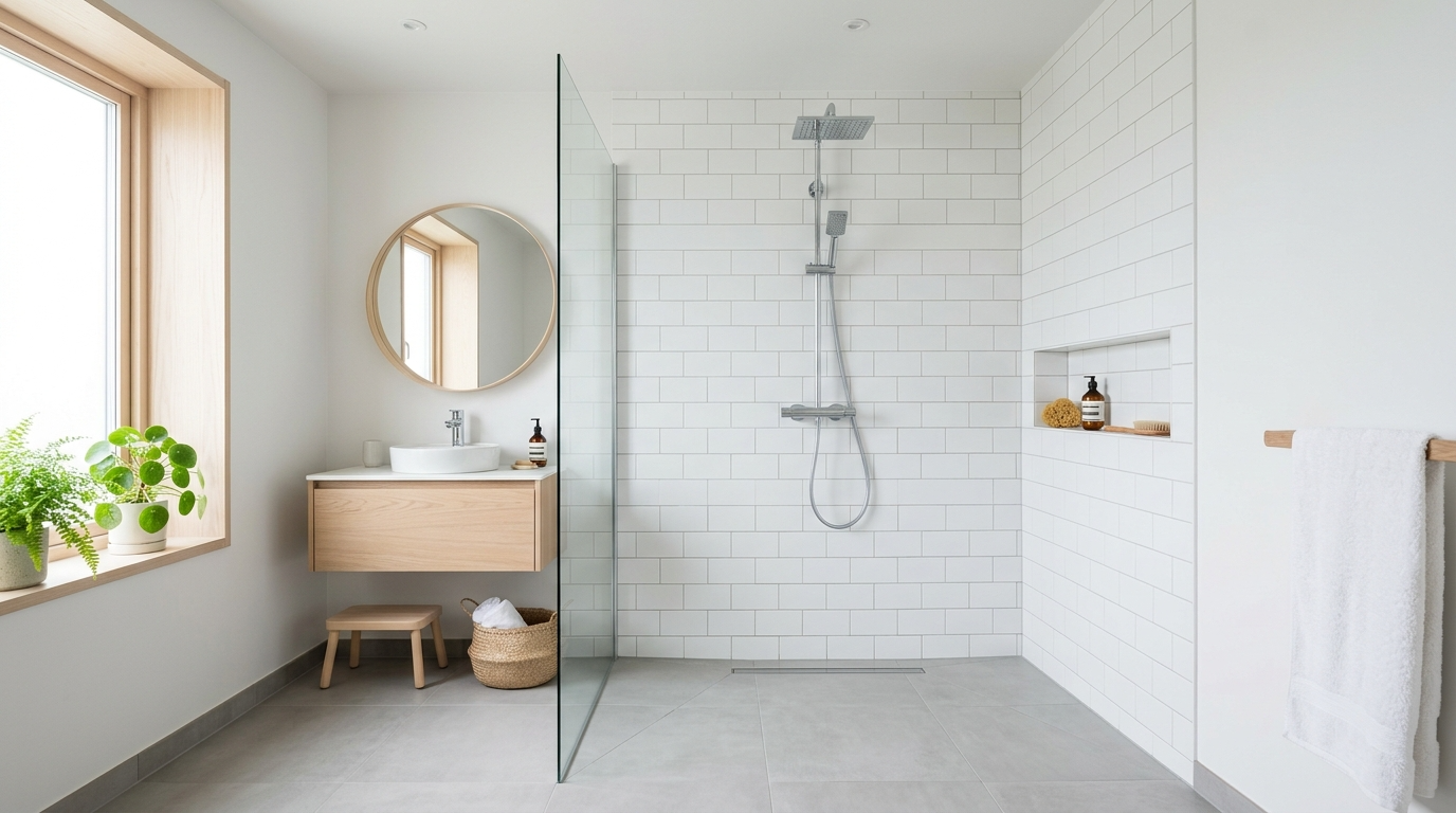 Keep tile lines simple for a calm spa vibe